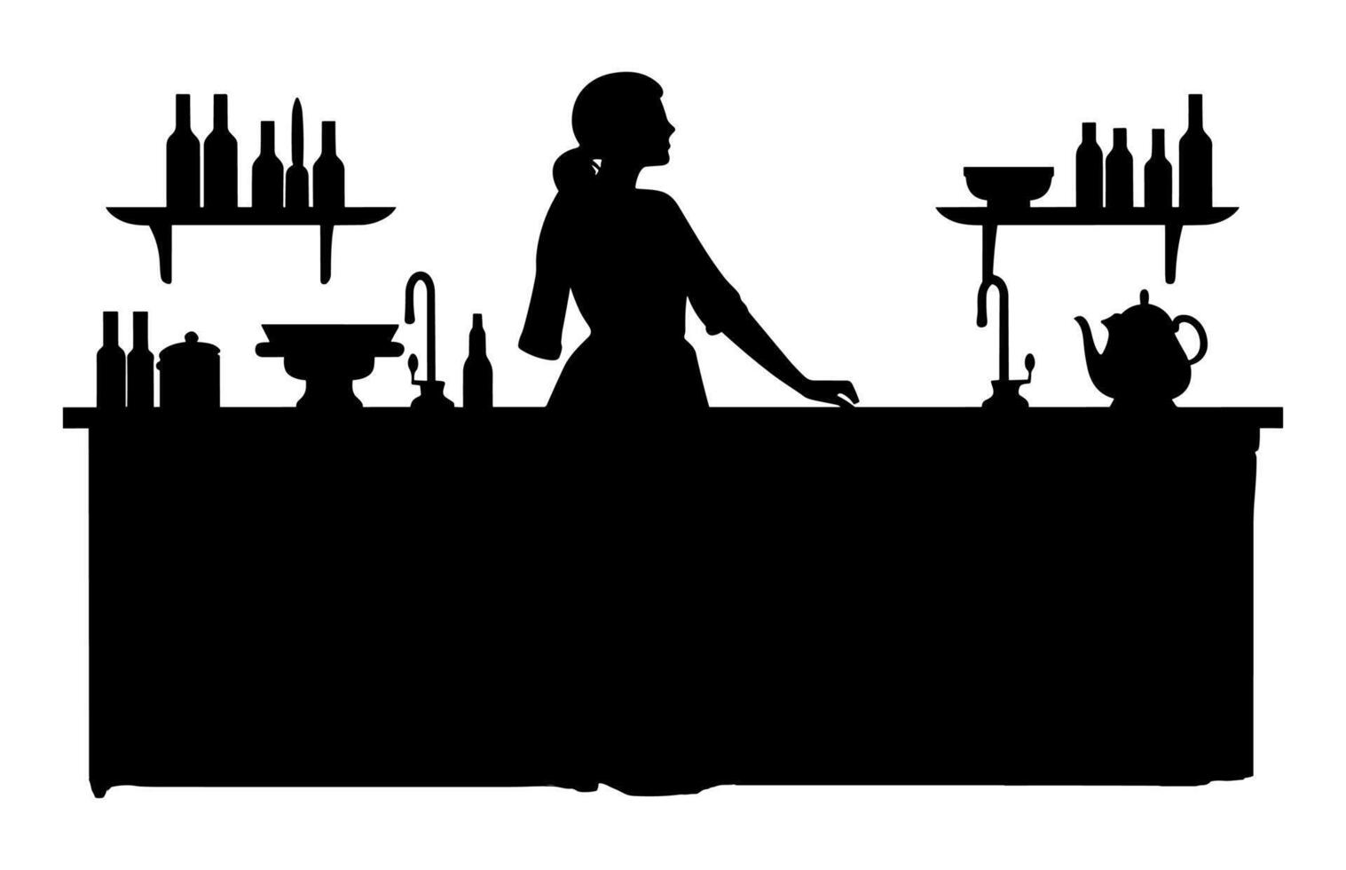 Kitchen Interior Vector Silhouette, kitchen furniture icons, Kitchen room silhouette.