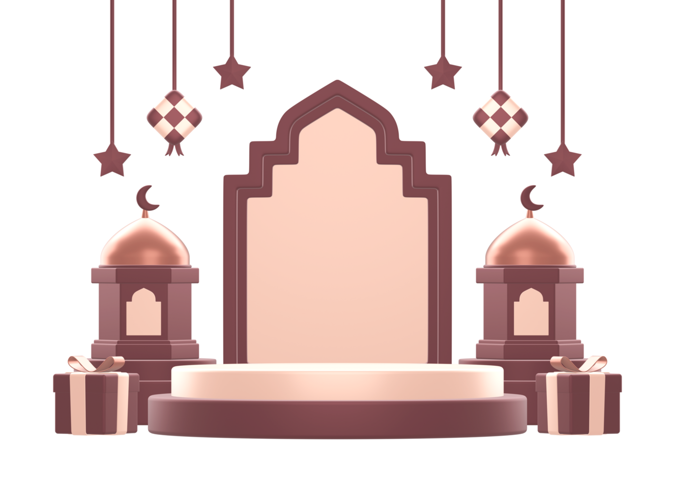 3d rendering of islamic celebration festival or holiday podium display background with gifts and arabic decoration png