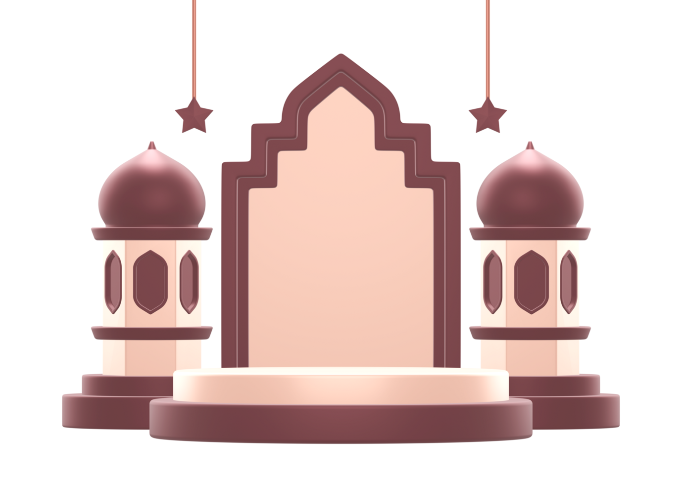 3d rendering of islamic celebration festival or holiday podium display background with two arabic lanterns and stars decoration png