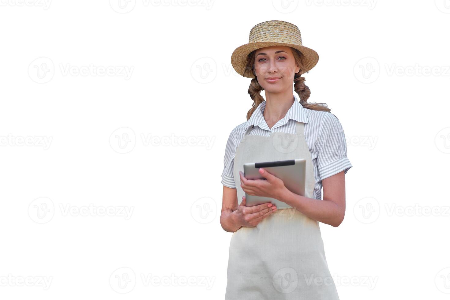 Woman dressed apron with digital tablet white background Caucasian middle age  female business owner in uniform photo
