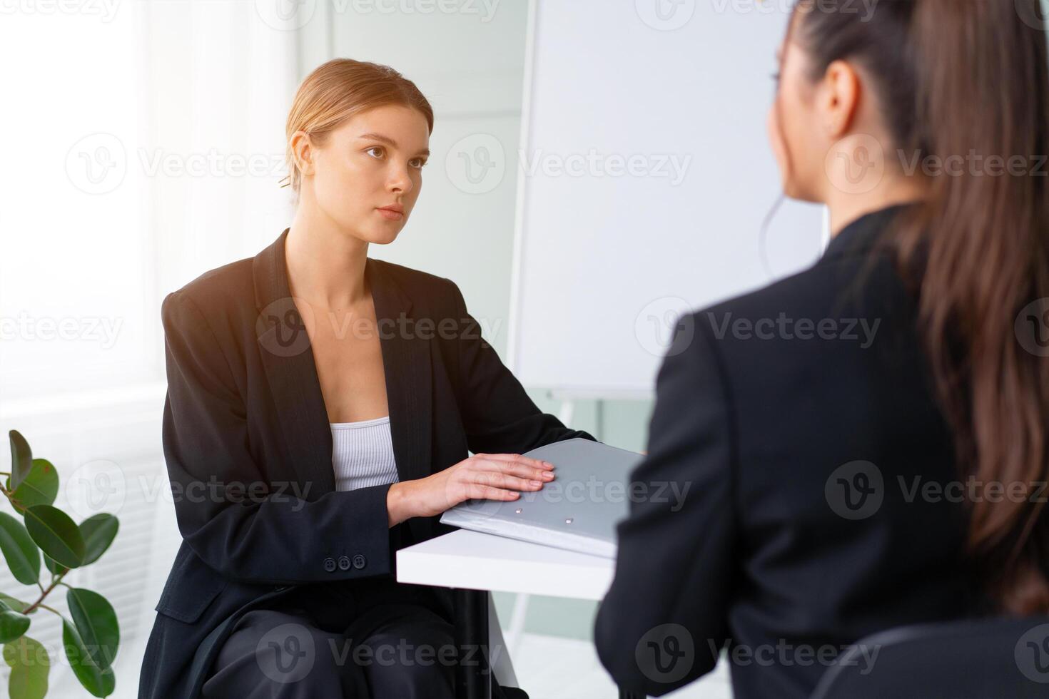 Job interview. Business, career and placement concept. Young blonde woman holding resume, while sitting in front of candidate during corporate meeting or job interview photo
