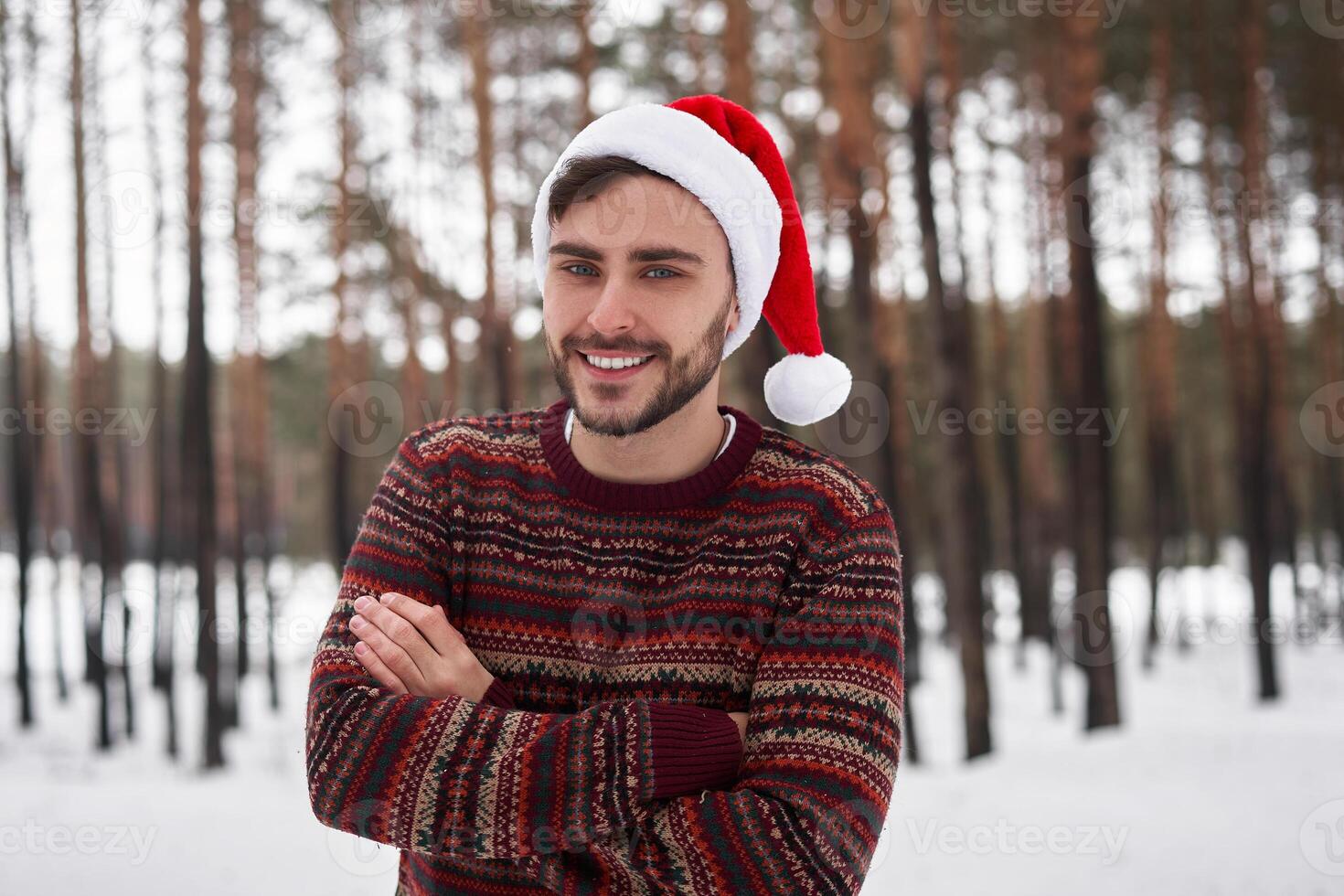 Attractive bearded man standing outdoors in winter season forest. photo