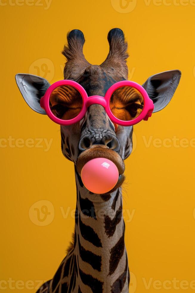 AI generated Funny giraffe with pink sunglasses and pink bubble of gum photo