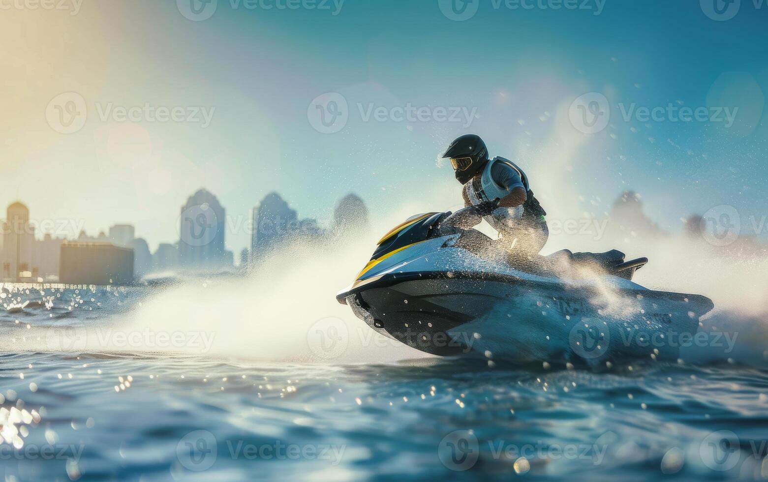 AI generated Jet ski rides on the waves against the backdrop of the city photo