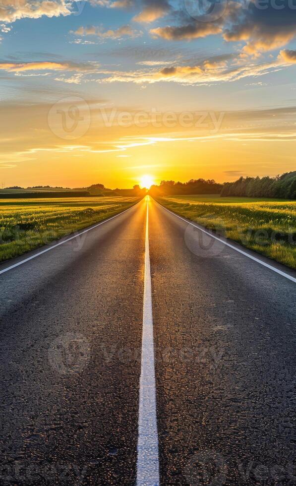 AI generated Asphalt road and green field at the sunset photo