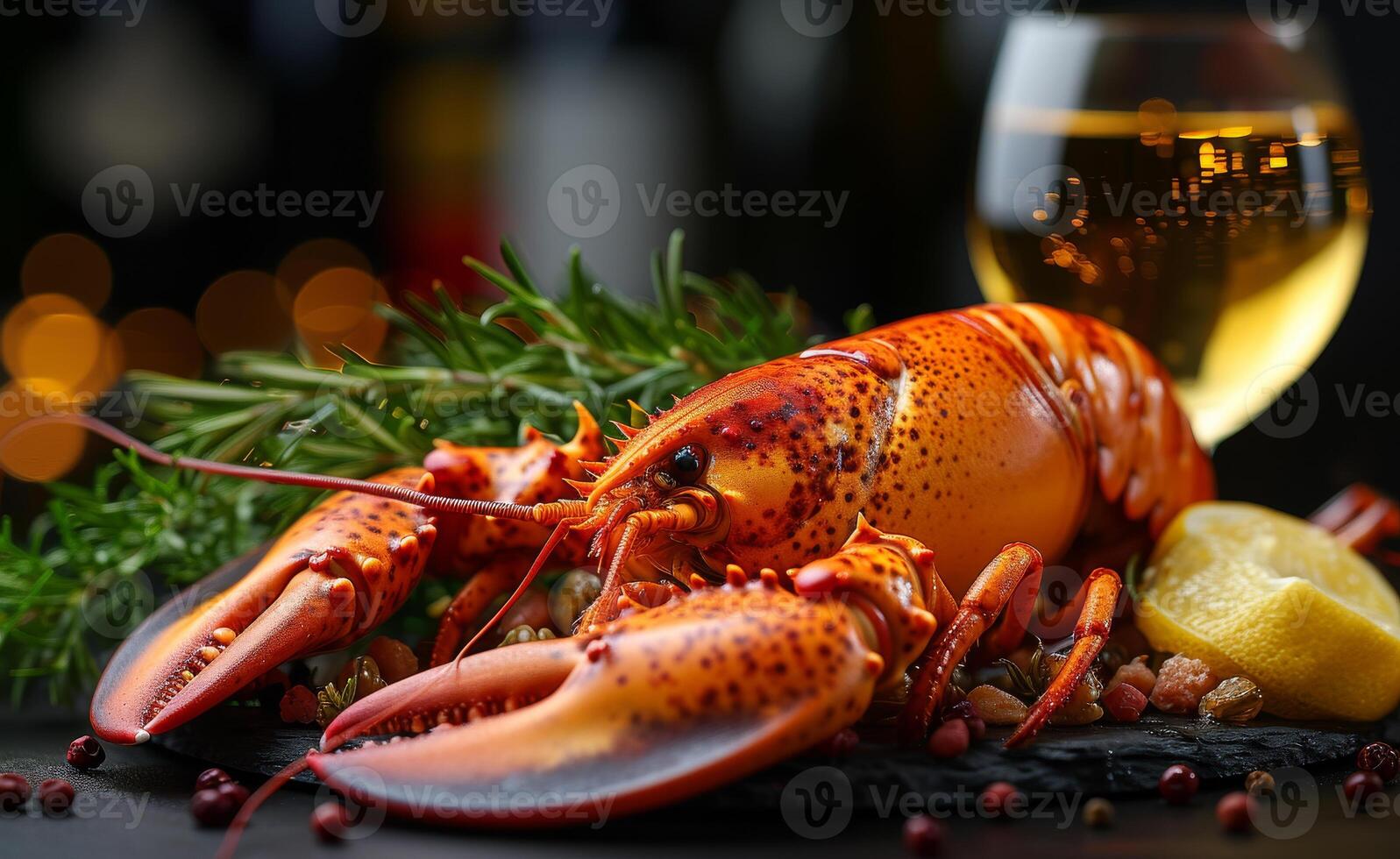 AI generated Lobster and glass of white wine photo