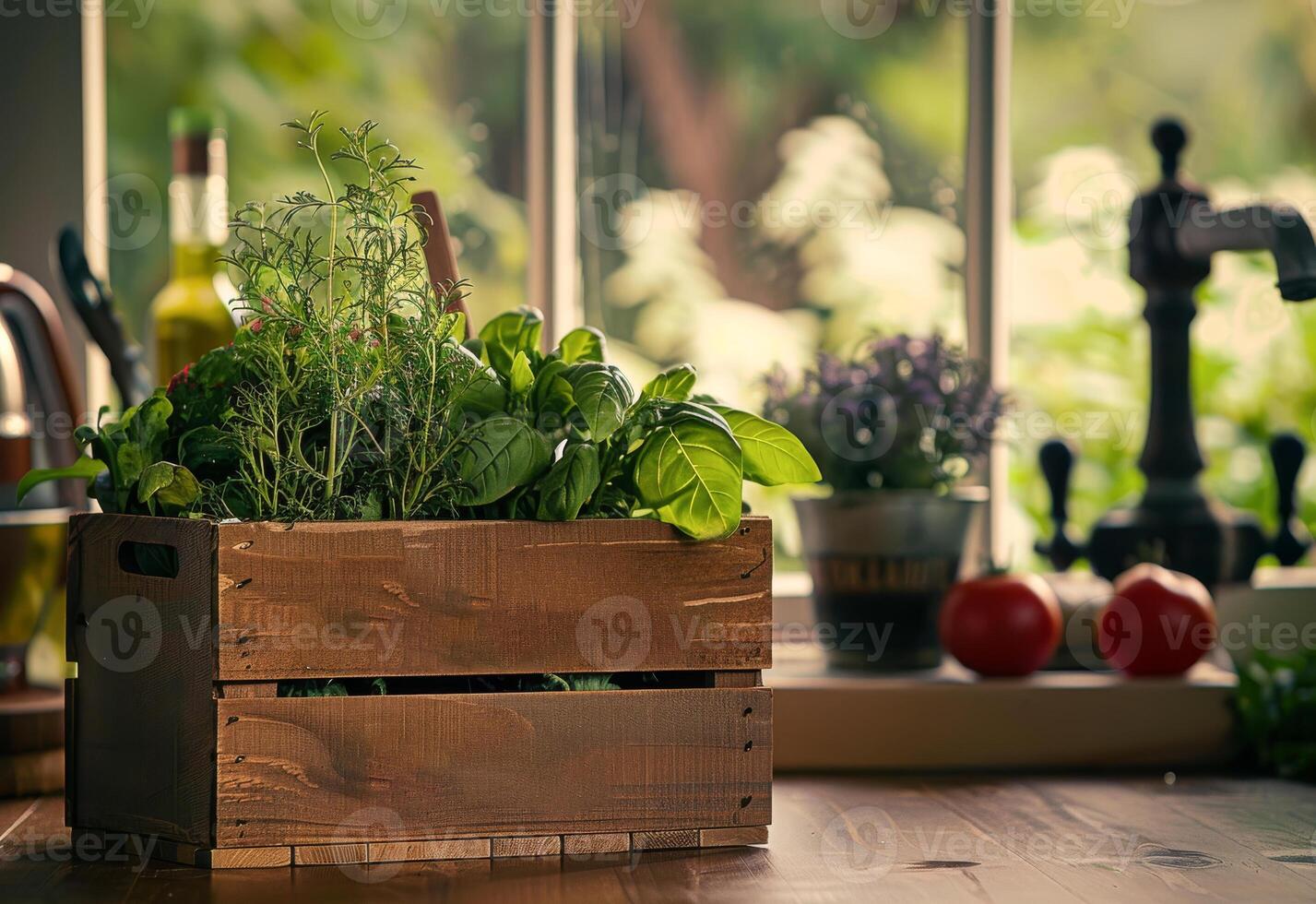 AI generated Fresh herbs in wooden crate. An wooden box with plants and vegetables inside photo