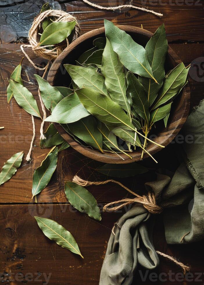 AI generated Bay leaves in wooden bowl on dark wooden background photo