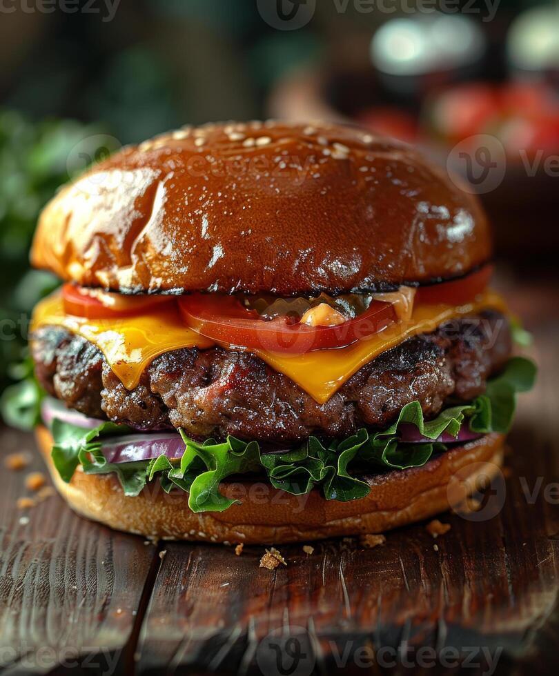 AI generated Delicious grilled beef burger with lettuce cheese and tomato on rustic wooden table photo