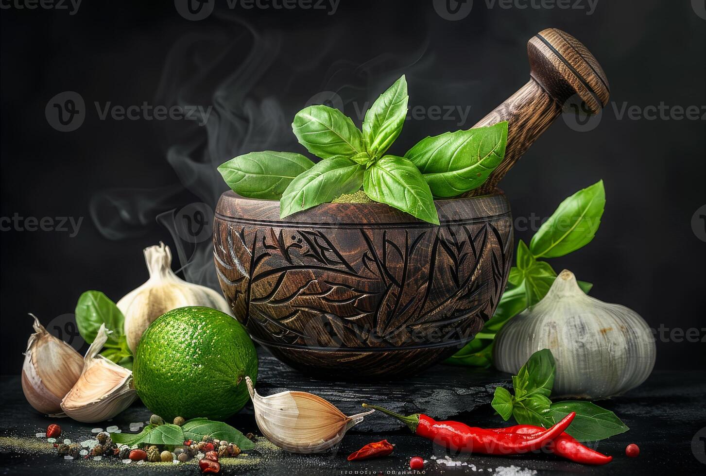 AI generated Mortar and pestle. Fresh herbs and spices on black stone table photo