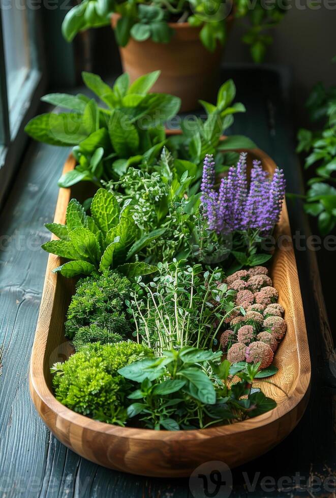 AI generated Fresh herbs in wooden tray. A fresh herbs displayed on a platter photo