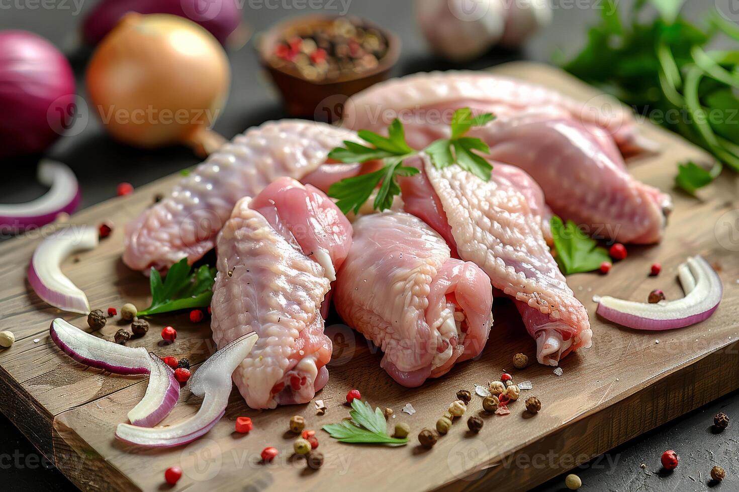 AI generated Raw chicken wings and vegetables on wooden cutting board photo