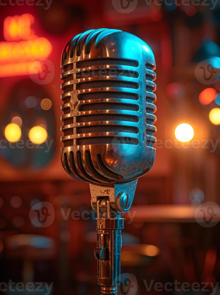AI generated Vintage microphone on stage in the spotlight performance of the musical group. photo