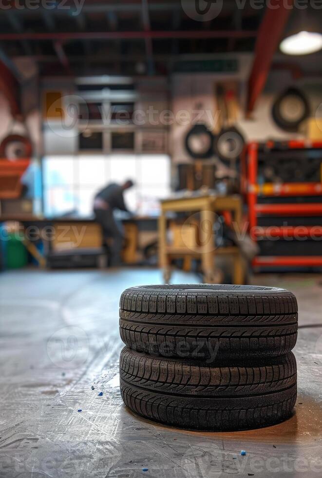AI generated Tires are on the floor in the background of the workshop photo