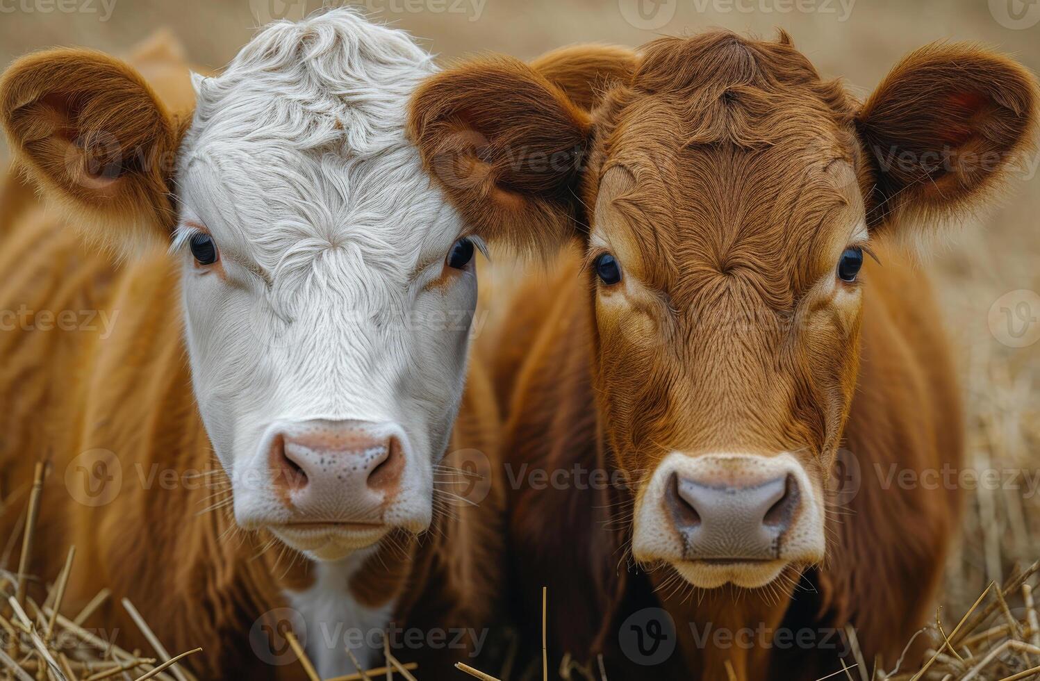 AI generated Two young cows are standing in field of straw photo