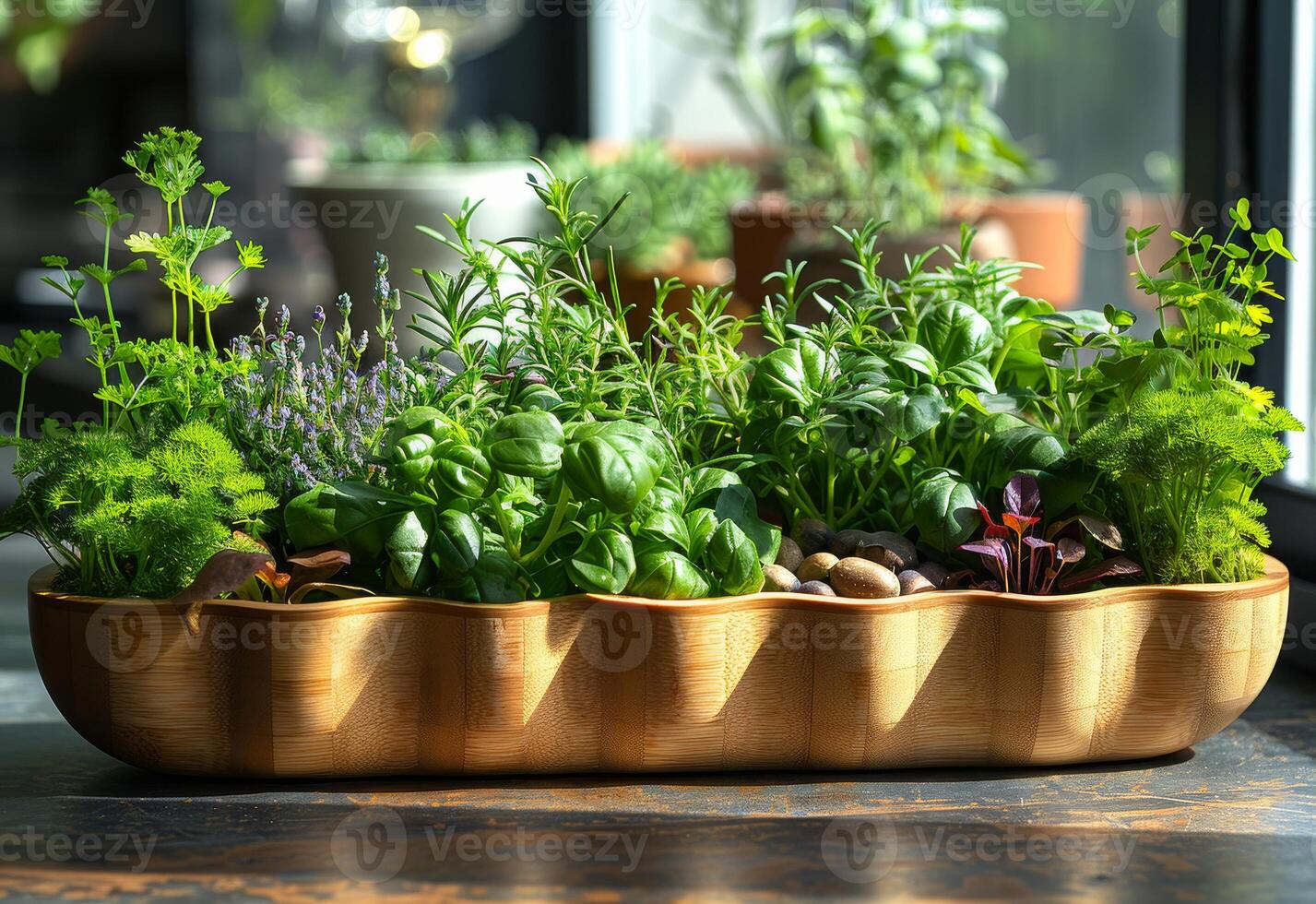 AI generated Wooden bowl is filled with herbs and other plants on table. photo