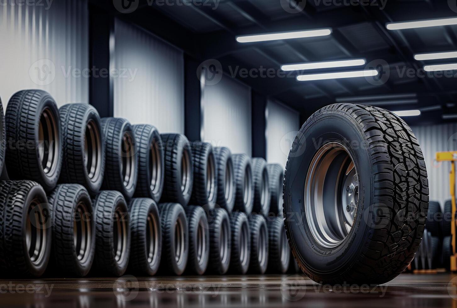 AI generated Tires for sale at tire store. A stack of new tires is stacked high in the garage photo