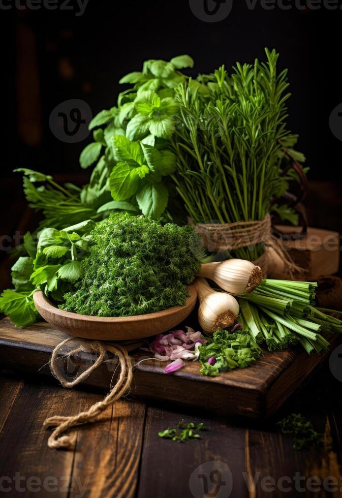 AI generated Fresh green herbs and vegetables on wooden table photo