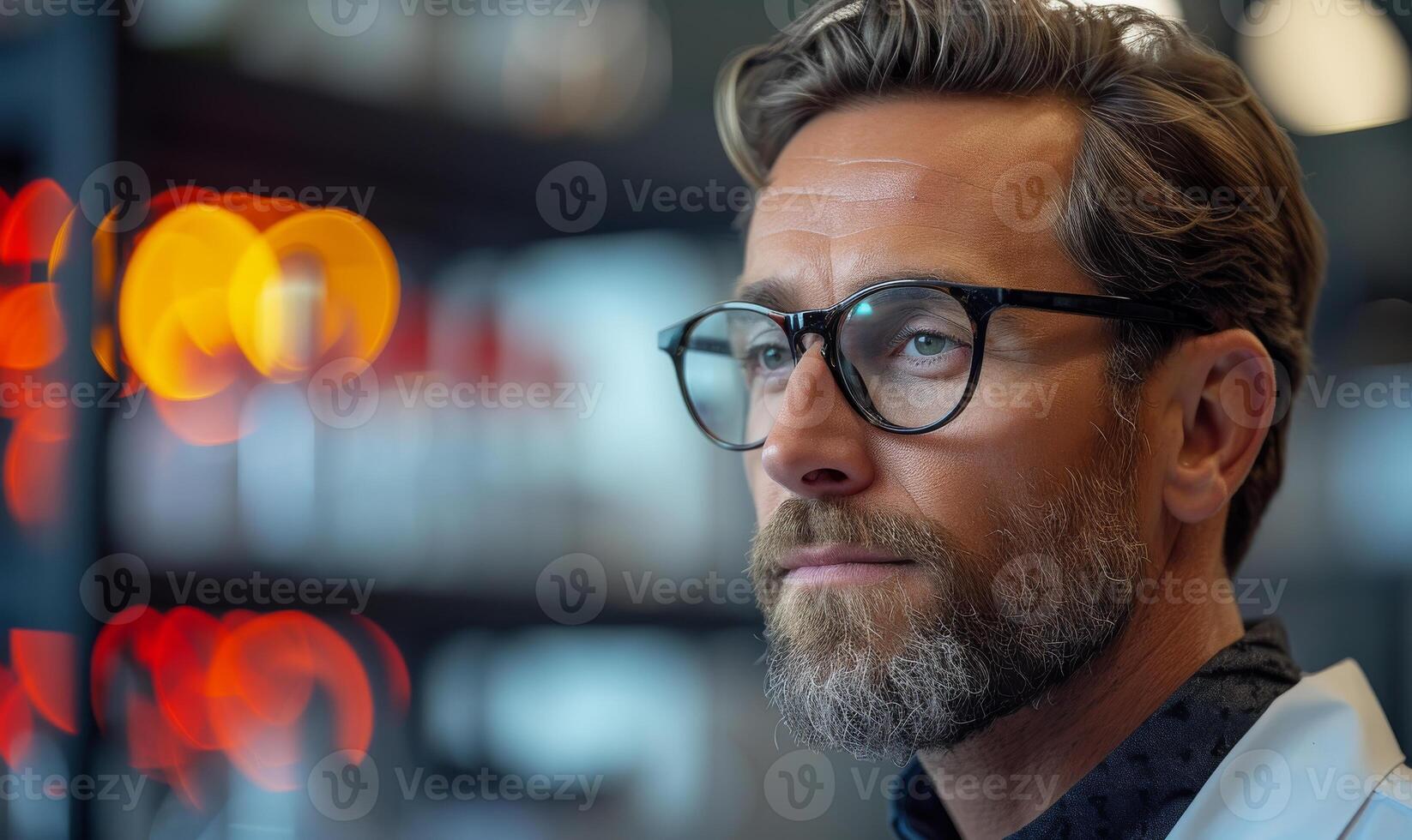 AI generated Close up shot of mature scientist looking away while working in laboratory. photo