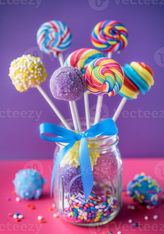 AI generated Colorful candies and lollipops in jar on purple background photo