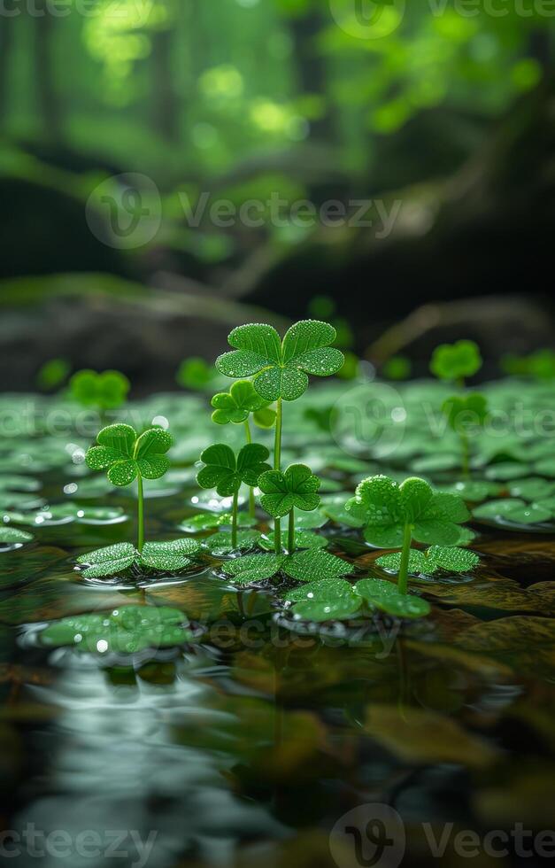 AI generated Green leaves of wood sorrel plant growing in shallow stream photo