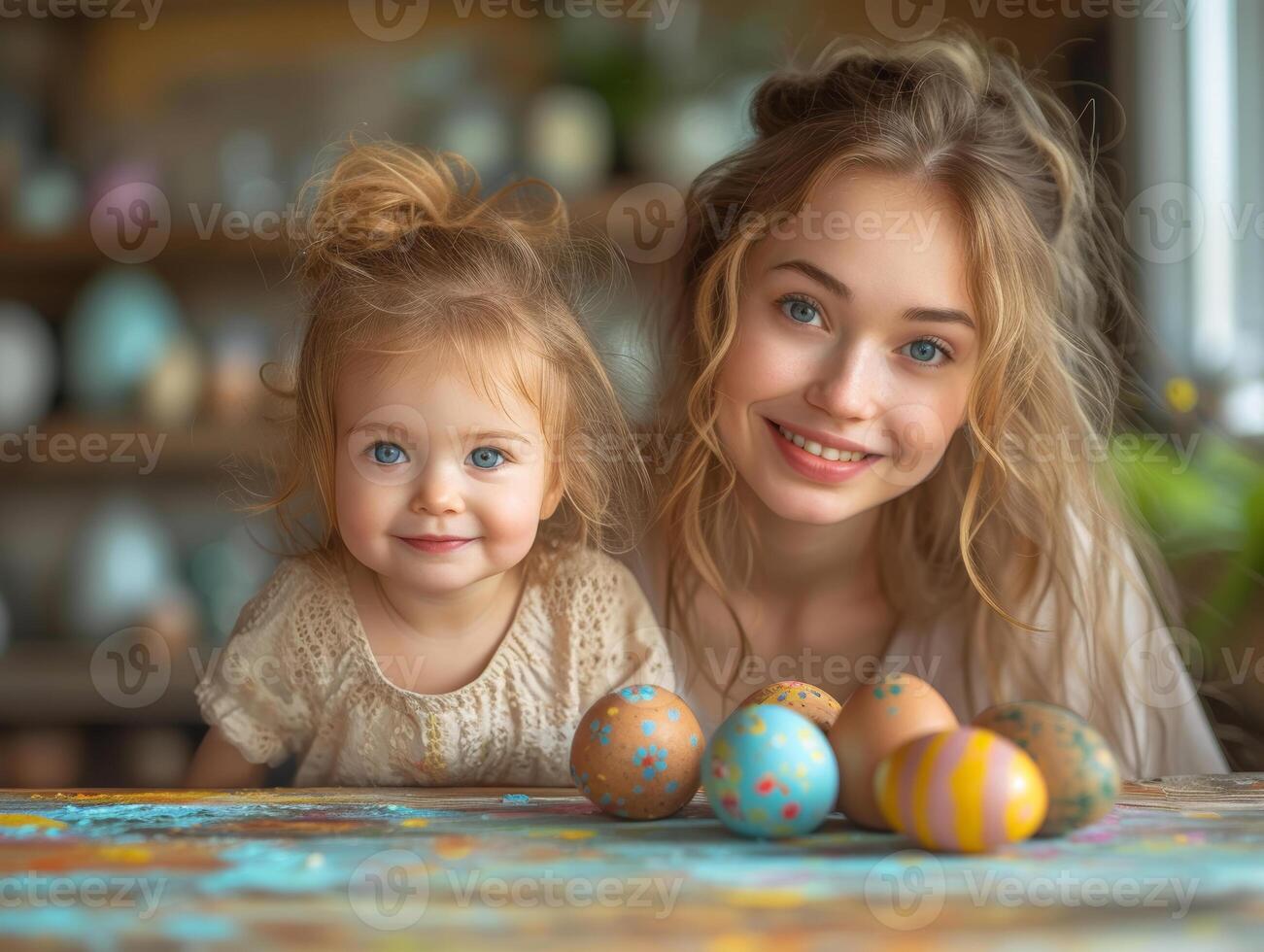 ai generado joven madre y su pequeño hija pintura Pascua de Resurrección huevos. foto