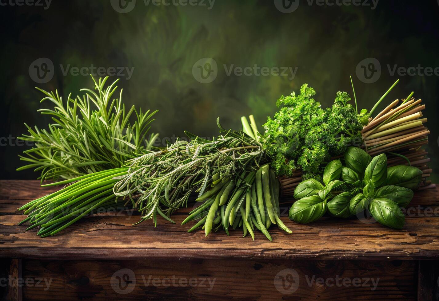 AI generated Different fresh green herbs on wooden table photo