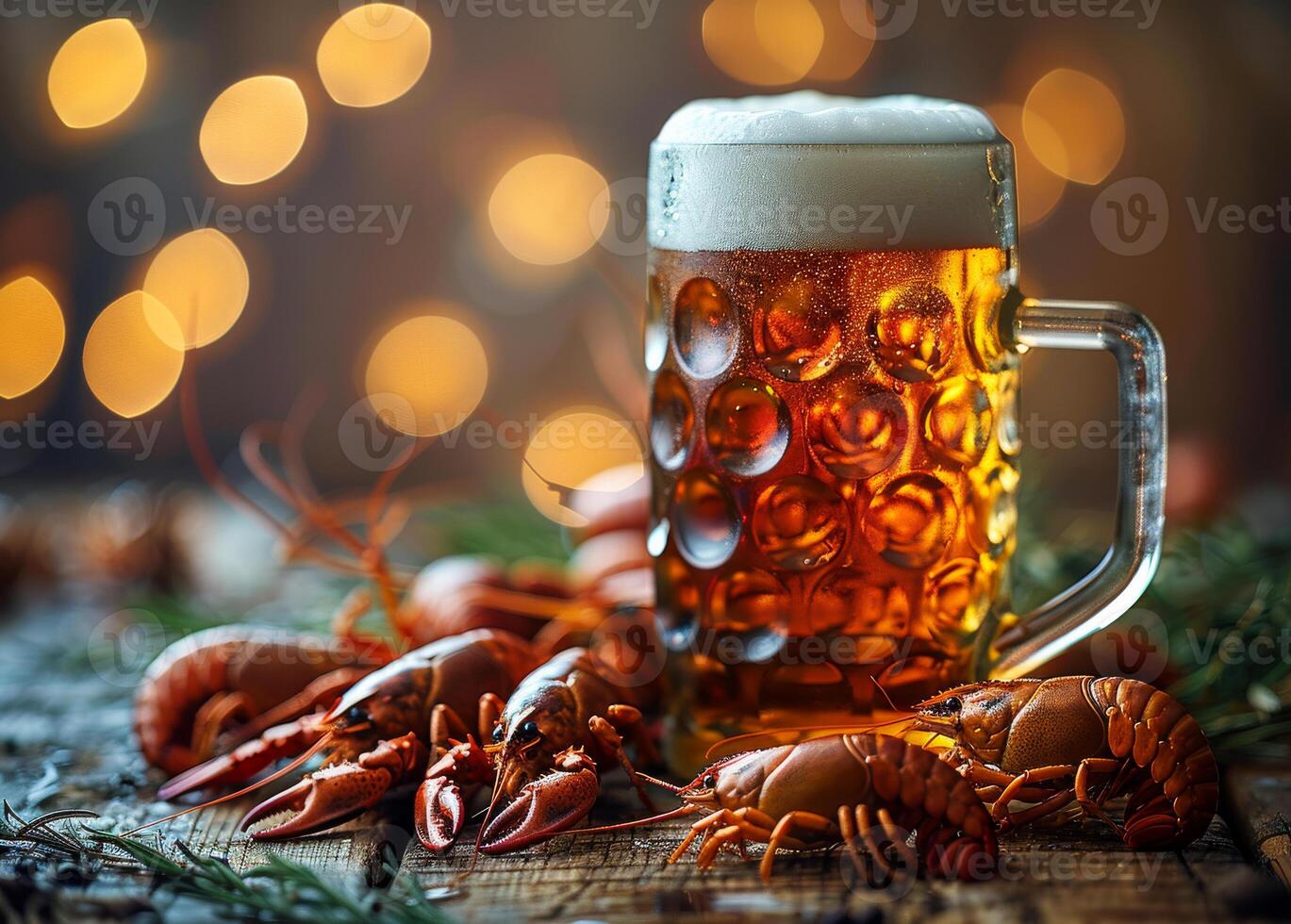 AI generated Glass of cold light beer with shrimp and crayfish on the wooden table photo
