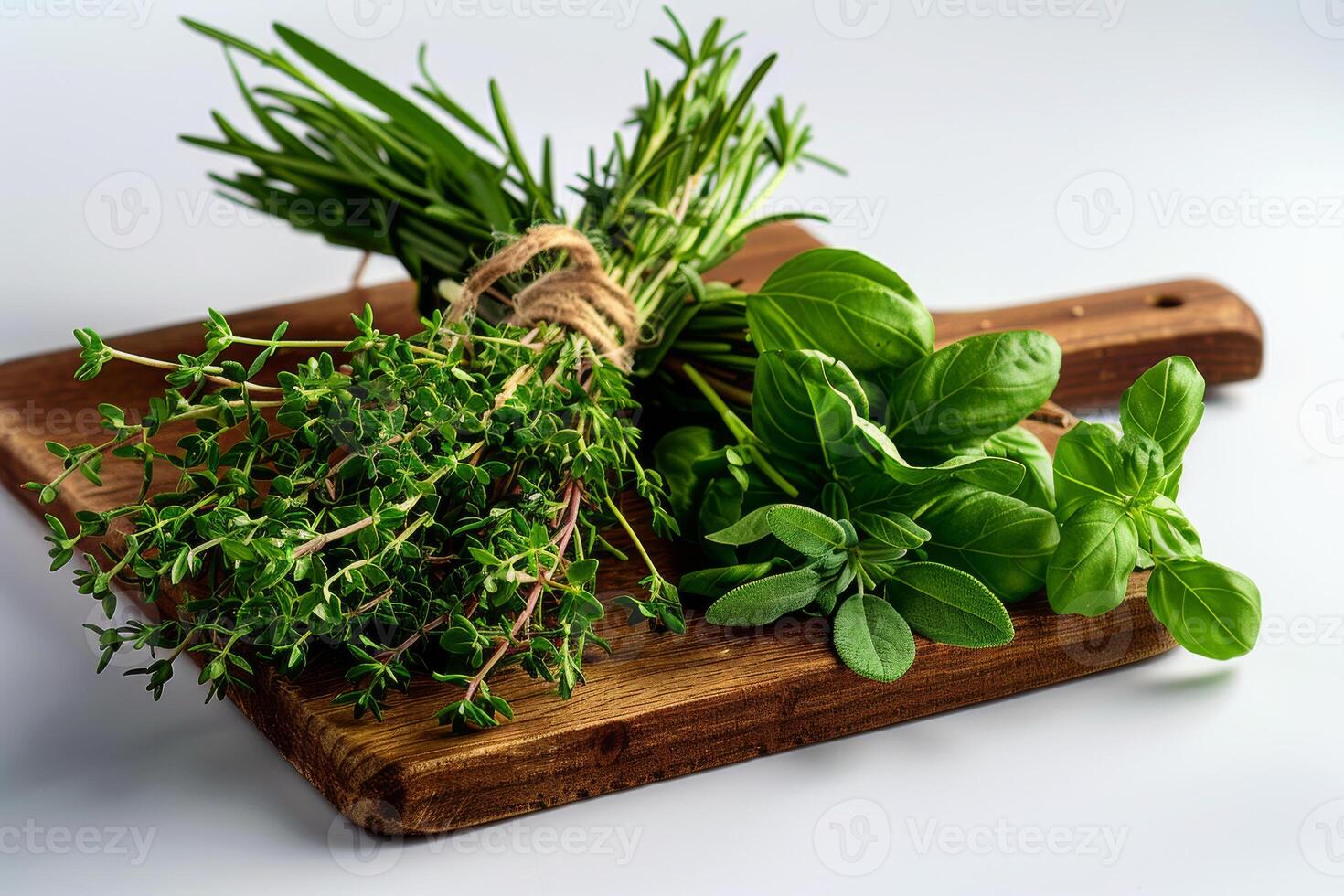 AI generated Fresh herbs on wooden cutting board photo