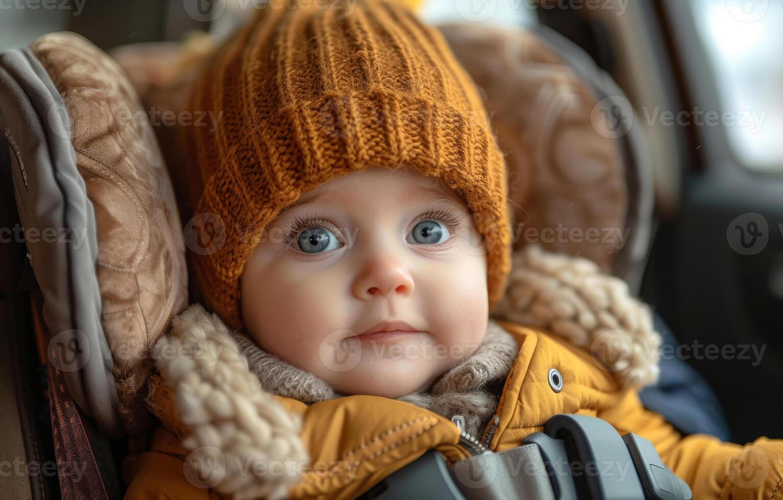 ai generado linda pequeño bebé es sentado en coche asiento y mirando a el cámara. foto