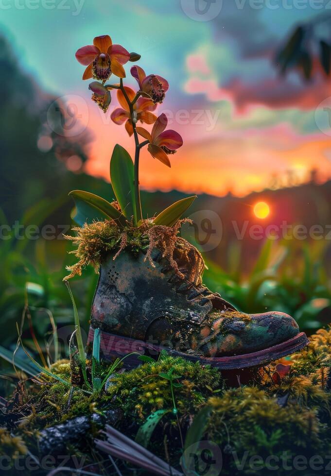 AI generated Old shoe and plant growing out of it in the forest photo