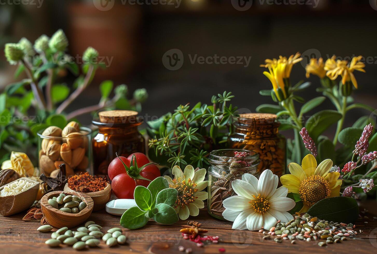 AI generated Fresh herbs and flowers with bottles of essential oil on rustic wooden table photo