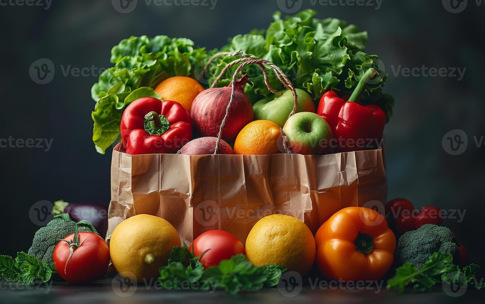 AI generated Paper bag full of healthy food. A Healthy food in a paper bag photo