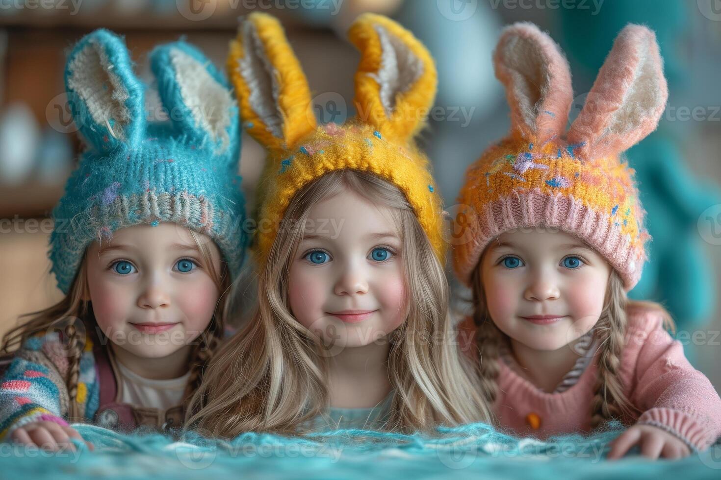 AI generated Three cute little girls are lying on the bed in warm knitted hats with ears of hare. photo