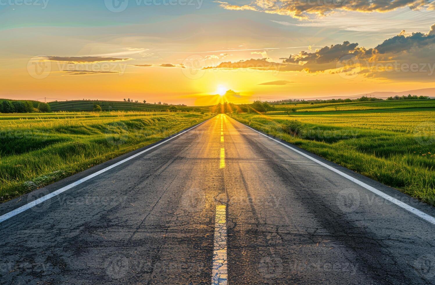 AI generated Asphalt road through the green field and clouds at sunset photo