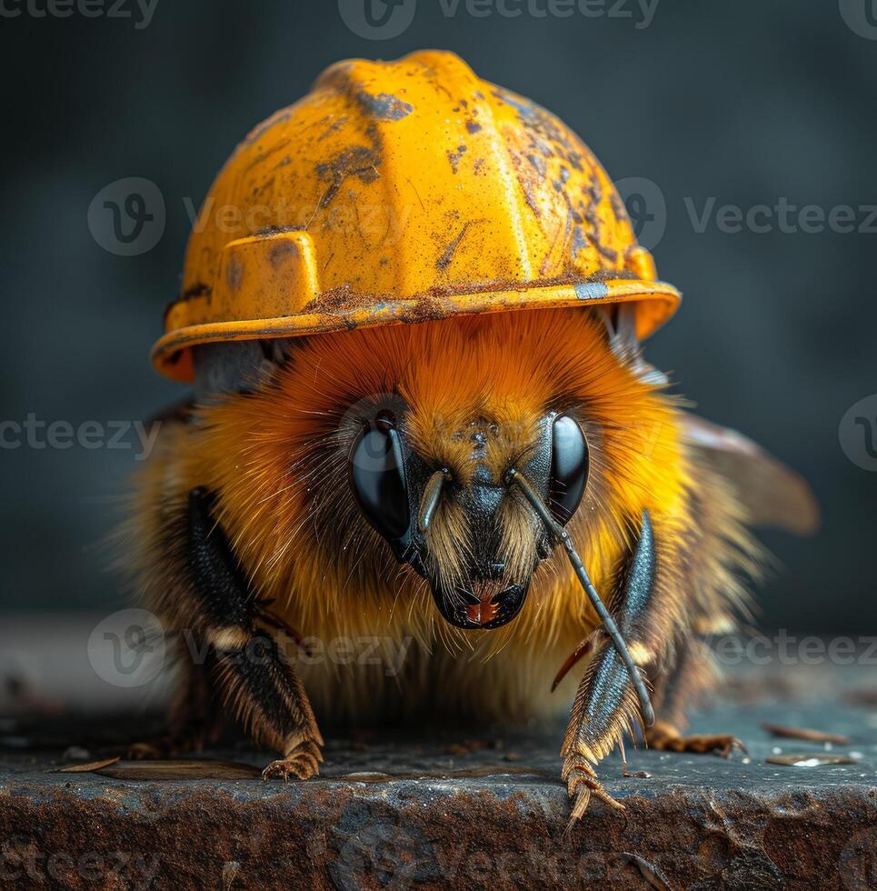 AI generated Bee in helmet is sitting on wooden table. Bee wearing hard hat on a dark table photo