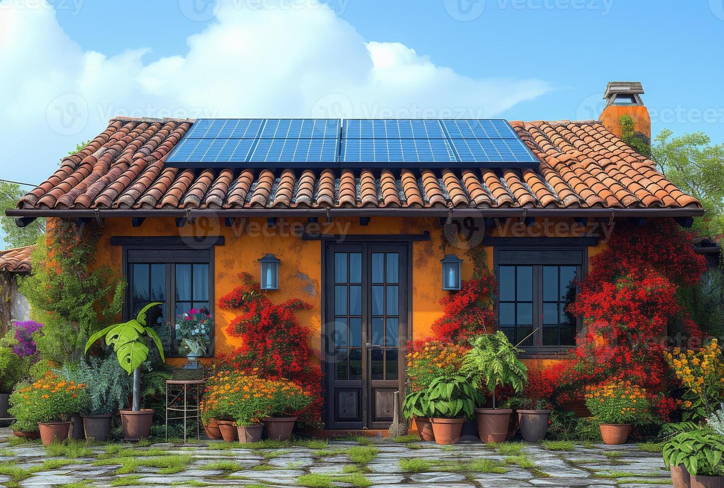 AI generated Solar panels on the roof of the house. Photovoltaic system on the roof photo