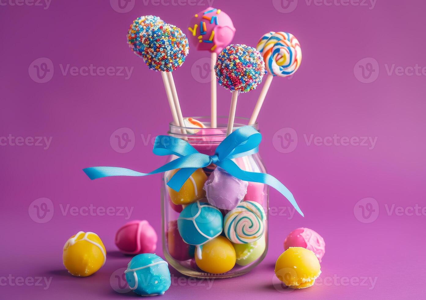 AI generated Colorful candies and lollipops in glass jar on purple background photo