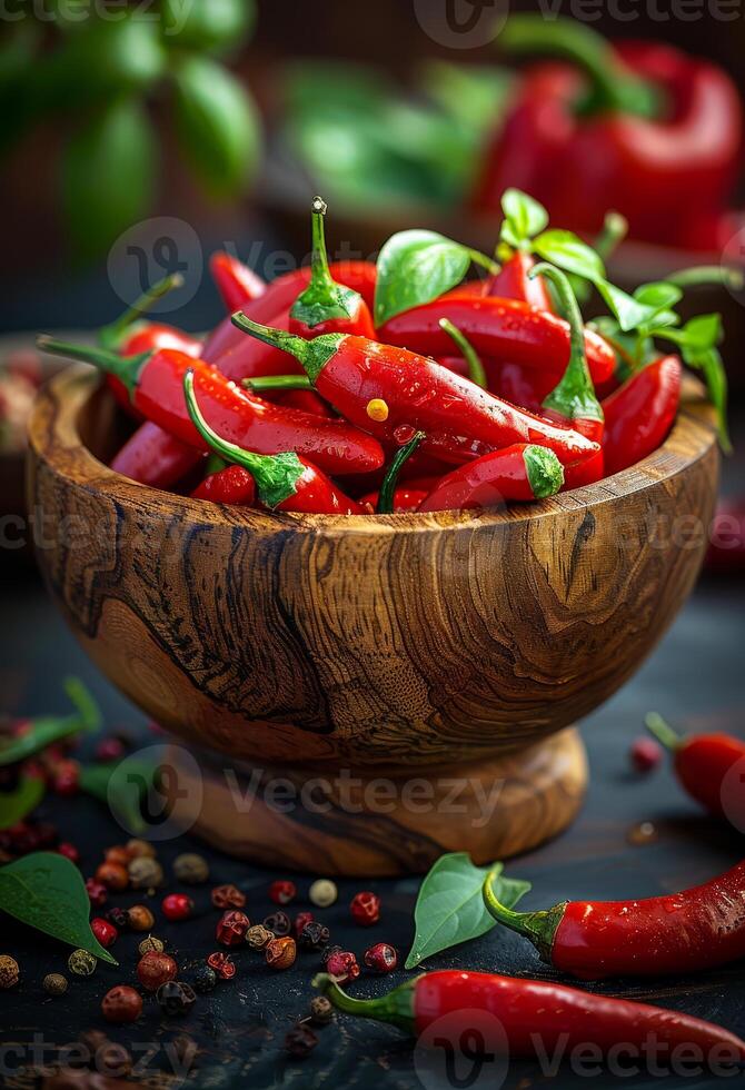 AI generated Red hot chili peppers in wooden bowl. A hot chilli pepper in wooden bowl with spice inside photo