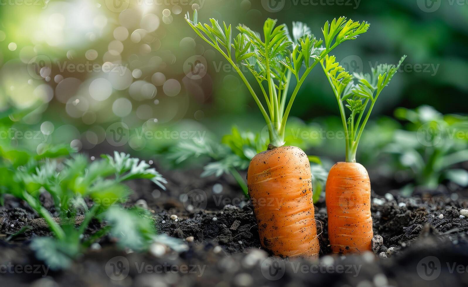 AI generated Fresh organic carrots growing on the ground in garden photo