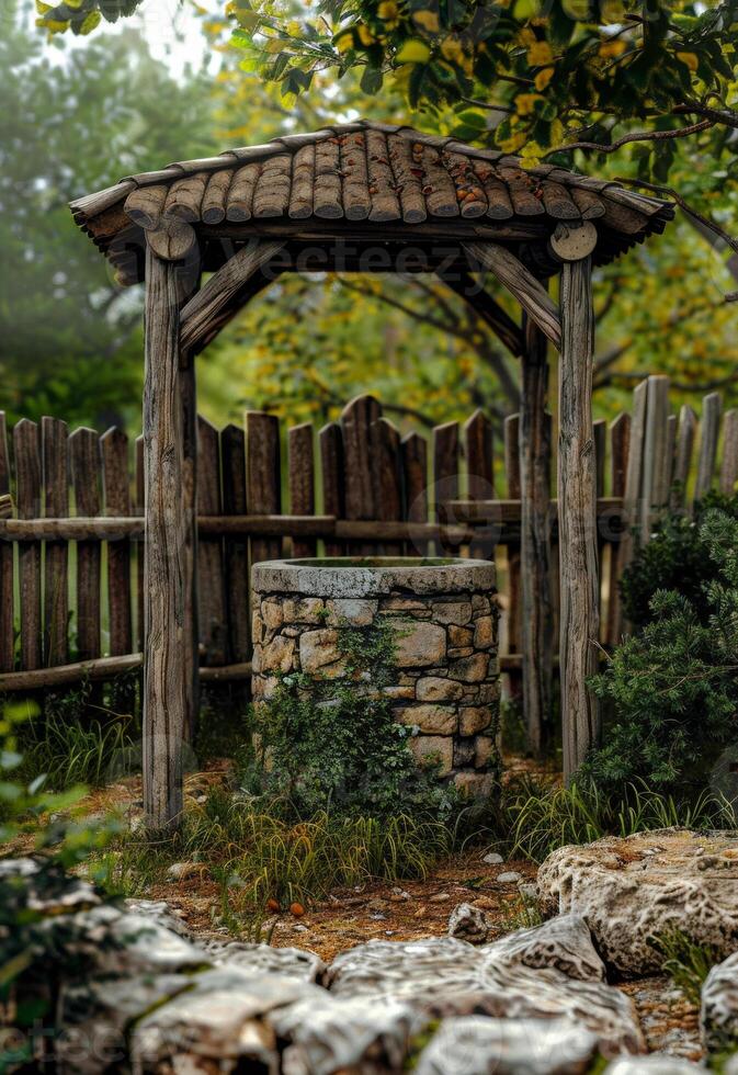 AI generated Wooden well and wooden fence in the forest photo