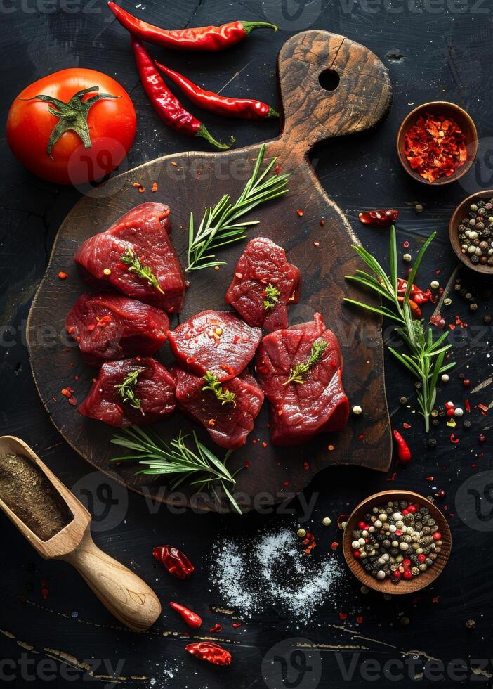 AI generated Raw meat steaks on cutting board with rosemary tomatoes hot peppers salt and spices photo