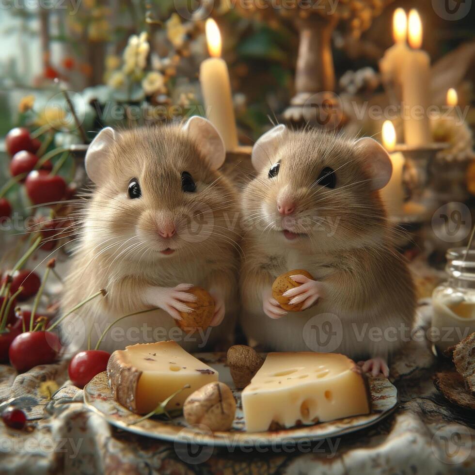 AI generated Two mice eat cheese on festive table photo