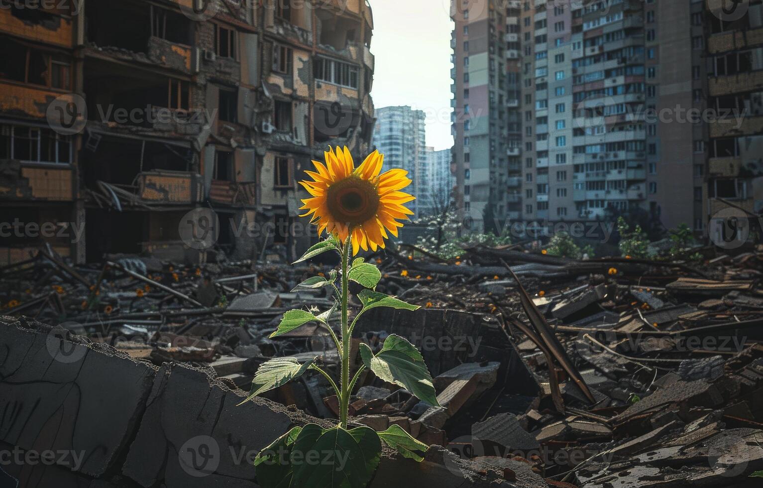 ai generado girasol creciente en el medio de el escombros de destruido ciudad foto