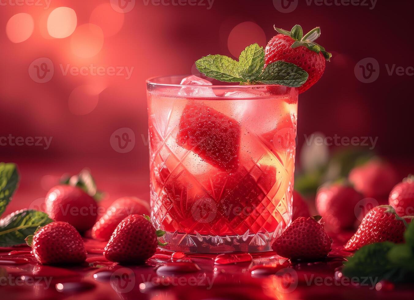 AI generated Strawberry cocktail with fresh strawberries and mint on red background photo