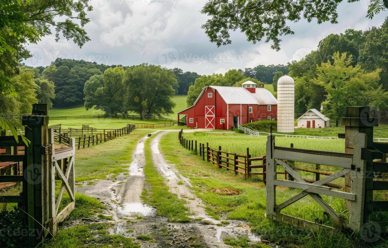 AI generated Red barn and silo in lush green farm field with dirt road and fence in the foreground. photo