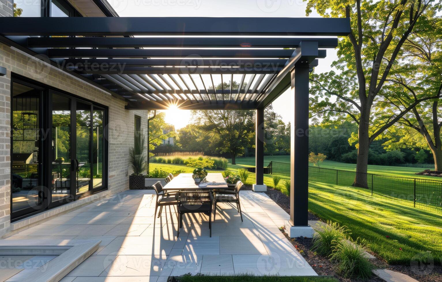 AI generated Pergola provides shade and place to relax on the patio of this home. photo