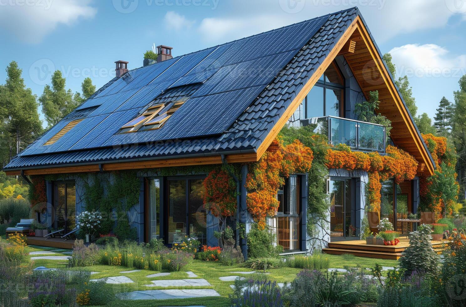 AI generated House with solar panels on the roof. Photovoltaic system on the roof photo