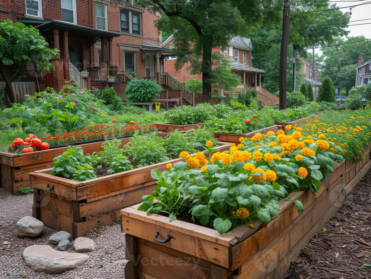 AI generated Row of raised garden beds filled with fresh vegetables and flowers photo