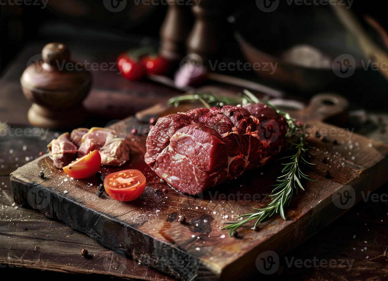 AI generated Raw beef tenderloin and tomatoes with herbs and spices on wooden cutting board photo